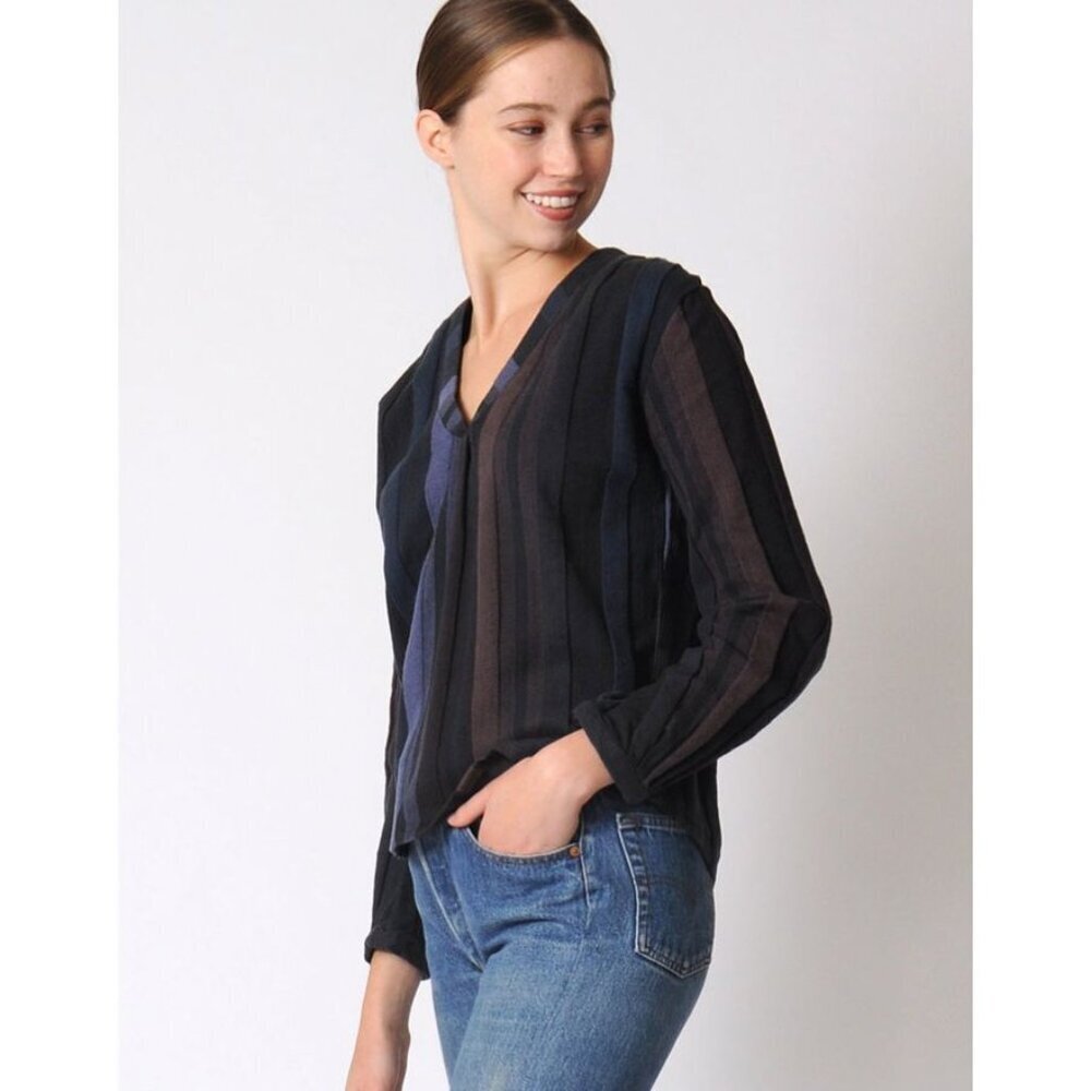 Ace & Jig Orla Top 3D Knit Textured Long Sleeve V Neck Cotton Blue Striped Small